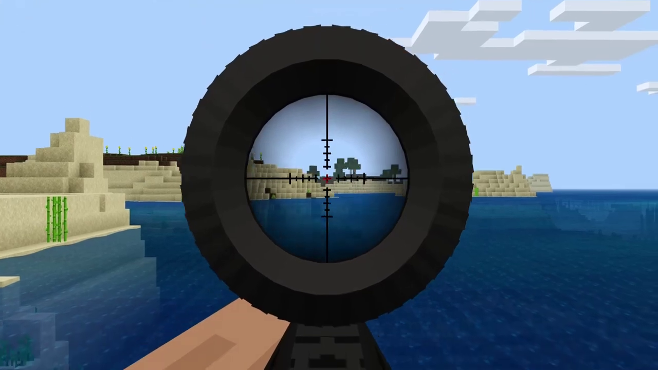 Actual Guns 3D Preview Picture. Sniper aims at Minecraft landscape. First person point of view through sniper riffle aim.