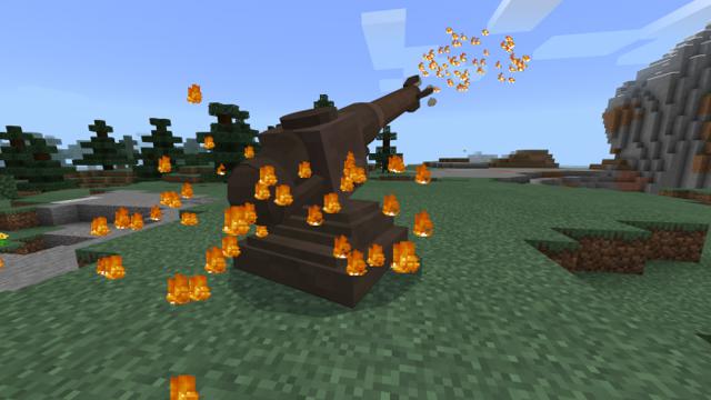 ArtilleryCraft Add-On Preview Picture. Massive artillery weapon shoots over the Minecraft landscape.