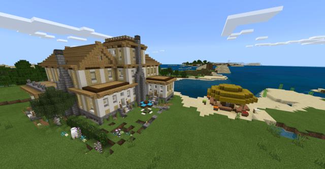 Many Structures mod preview showing a house in Minecraft.