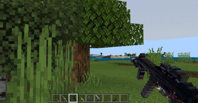Realistic Weapons Preview Picture. Automatic riffle pointing to the Minecraft landscapes.