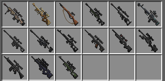 Inventory full of various sniper riffles