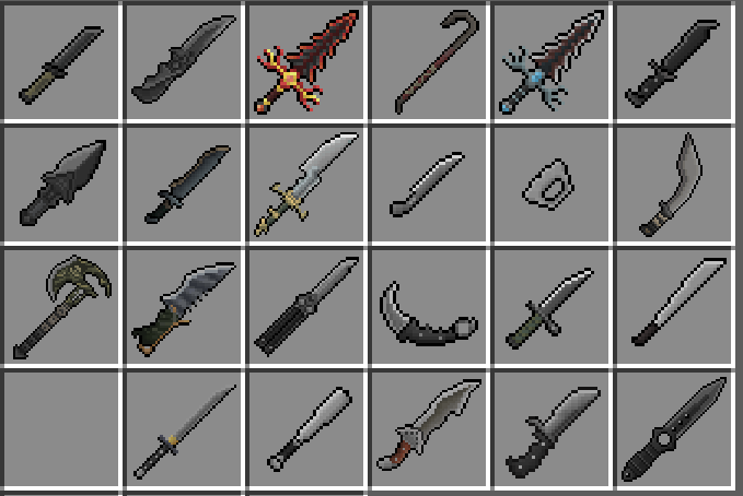 Knifes and melees, axes and more cold weaponry. In-game screenshot of inventory.